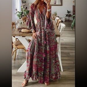 Bohemian Long Paisley Maxi Dress in Burgundy